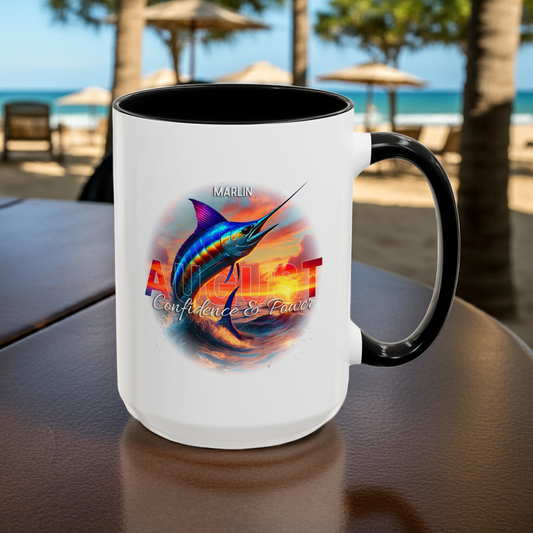 Birth month coffee mug featuring August Marlin design with confidence and power text