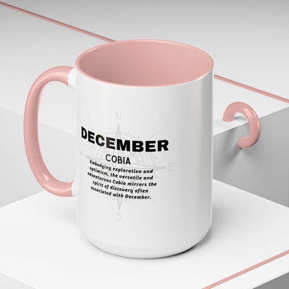 December birth month coffee mug with pink handle and interior featuring Cobia zodiac design
