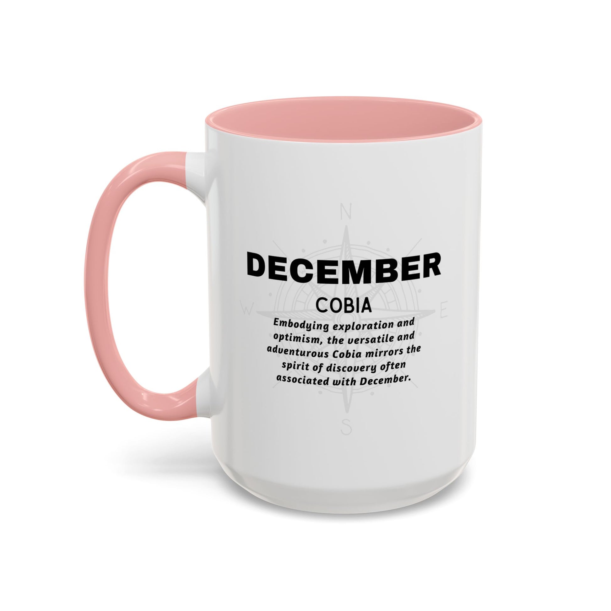 December themed birth month coffee mug with pink handle and inner rim featuring Cobia description