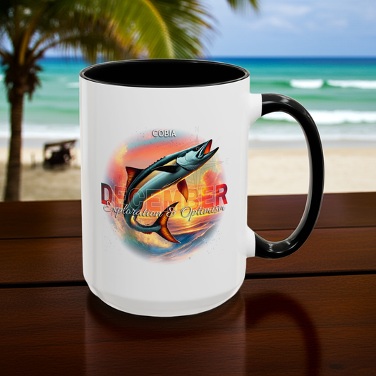 December birth month coffee mug featuring a colorful fish design with exploration and optimism text