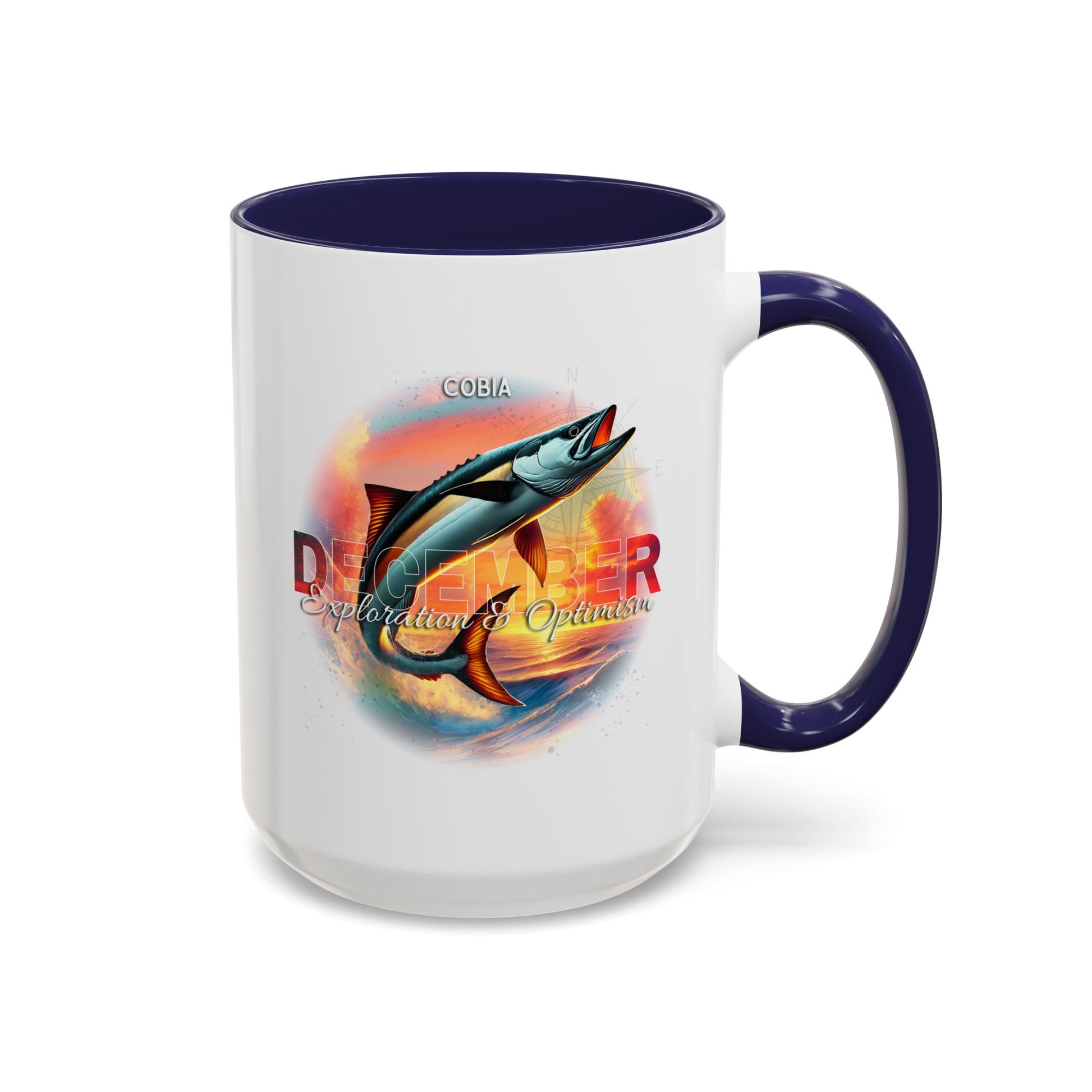 December birth month coffee mug featuring a colorful marlin fish design with dark blue handle