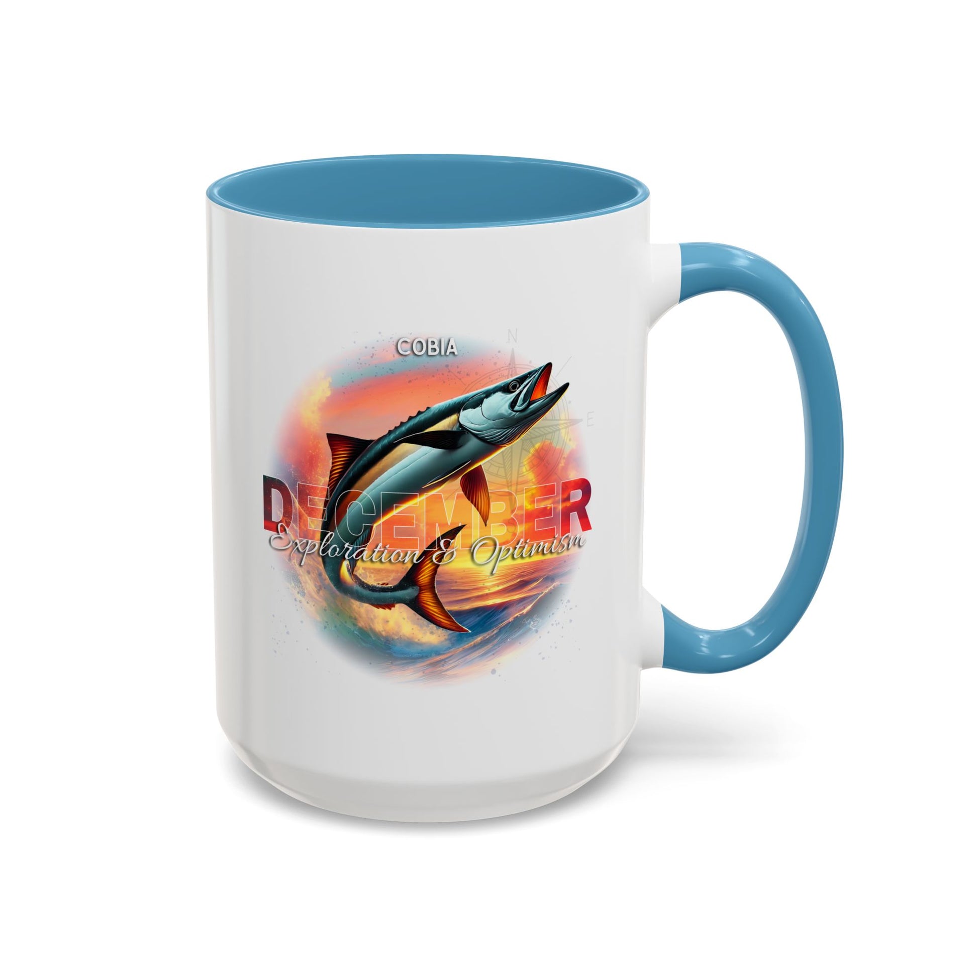Birth month coffee mug for December featuring a jumping cobia fish design