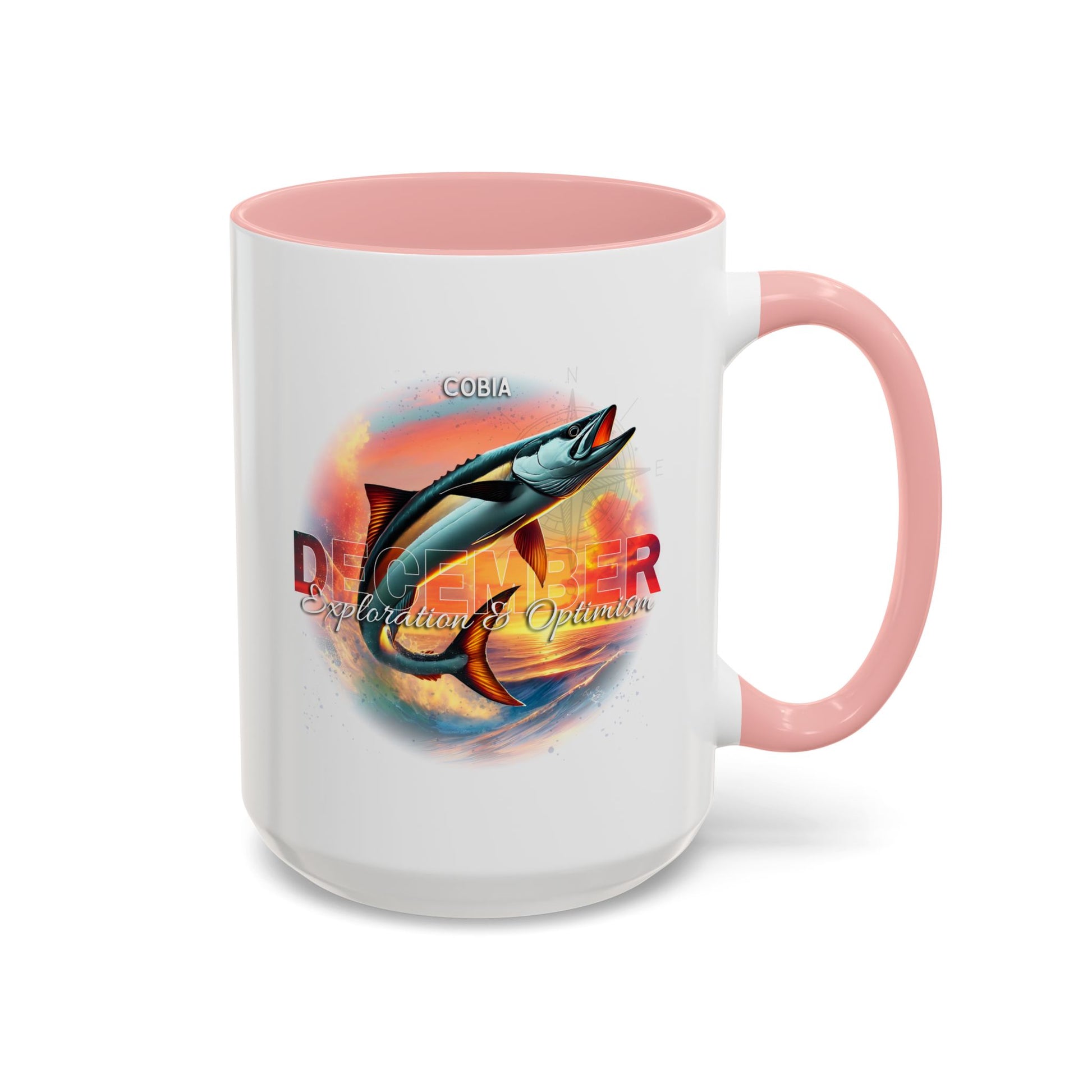 December birth month coffee mug with pink handle and inside featuring a cobia fish design
