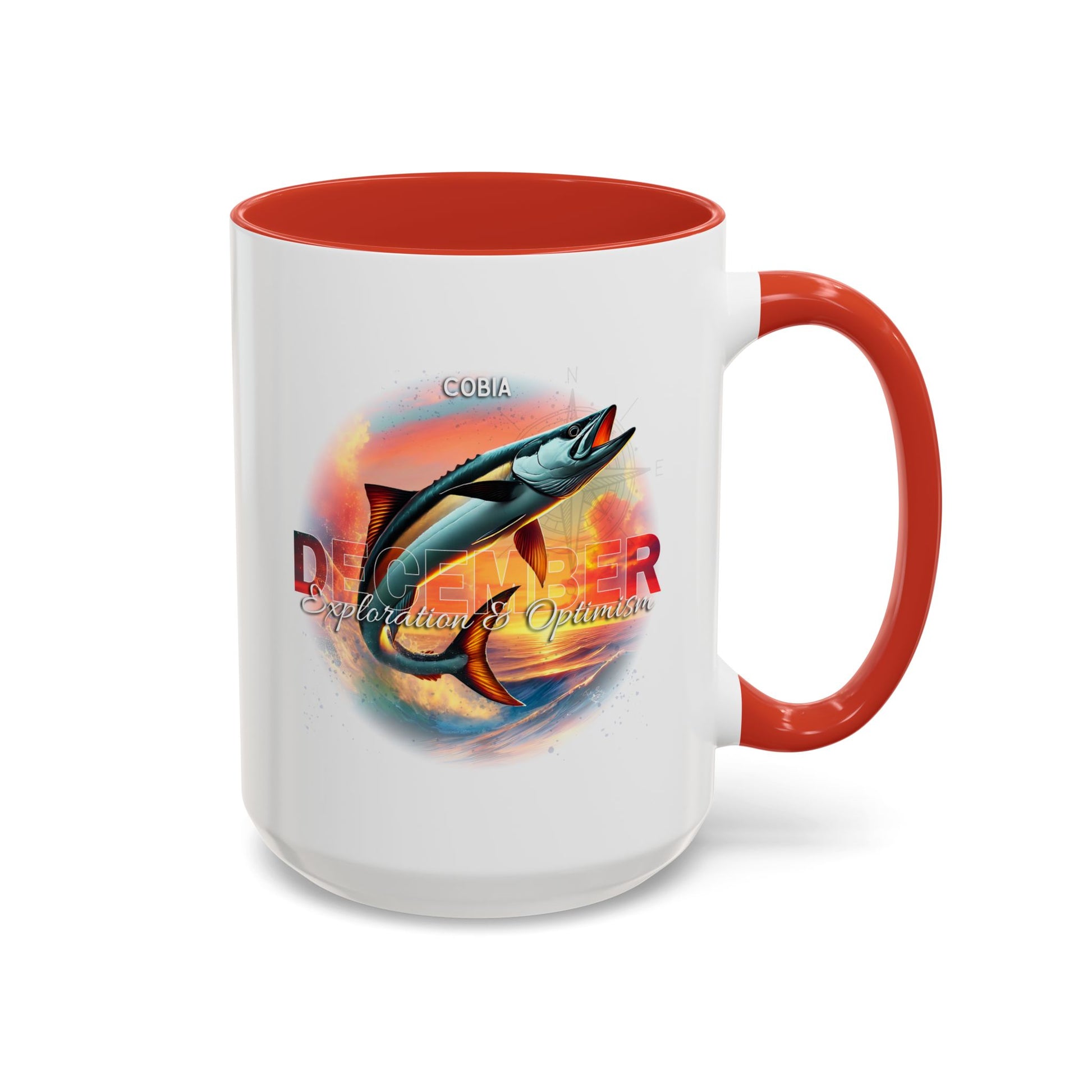 Birth month coffee mug for December with Cobia fish and red handle 