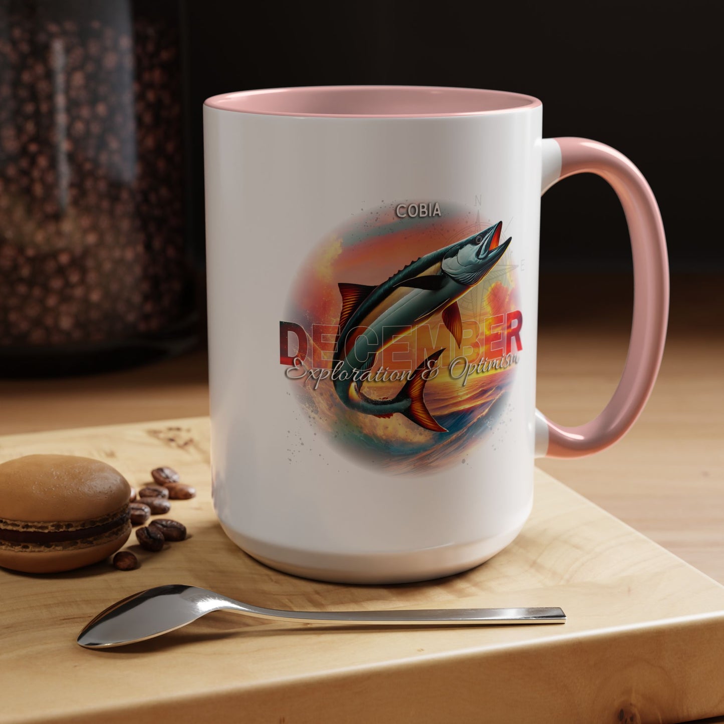 December birth month coffee mug with cobia fish design and pink handle 