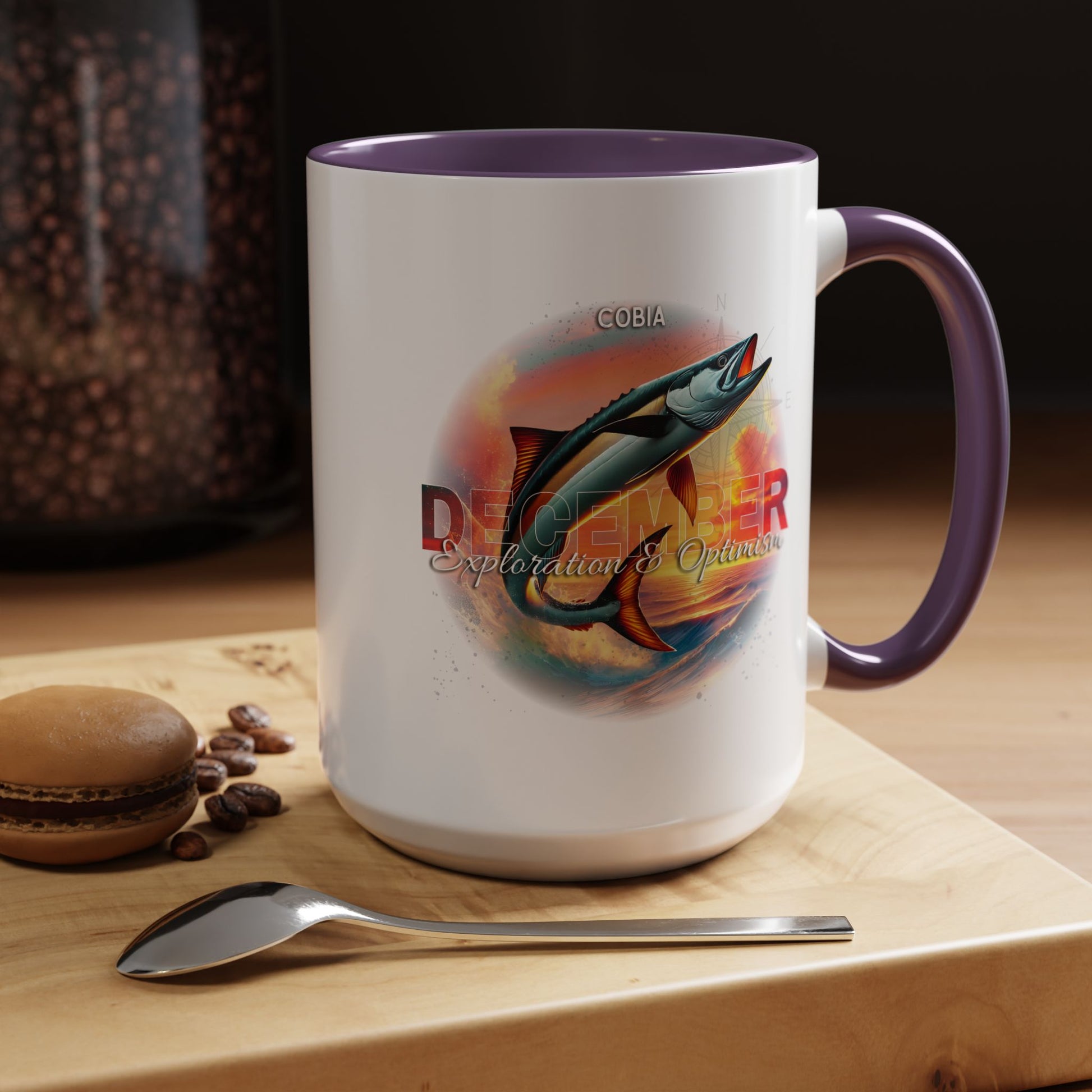 December birth month coffee mug with colorful fish design and purple handle