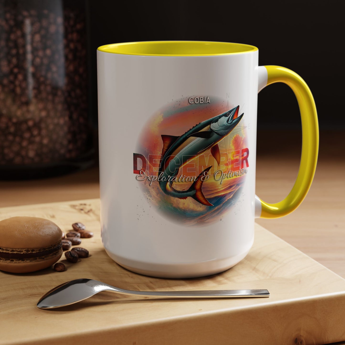 December birth month coffee mug with colorful fish design and yellow handle by Printify