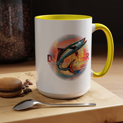 December birth month coffee mug with colorful fish design and yellow handle by Printify