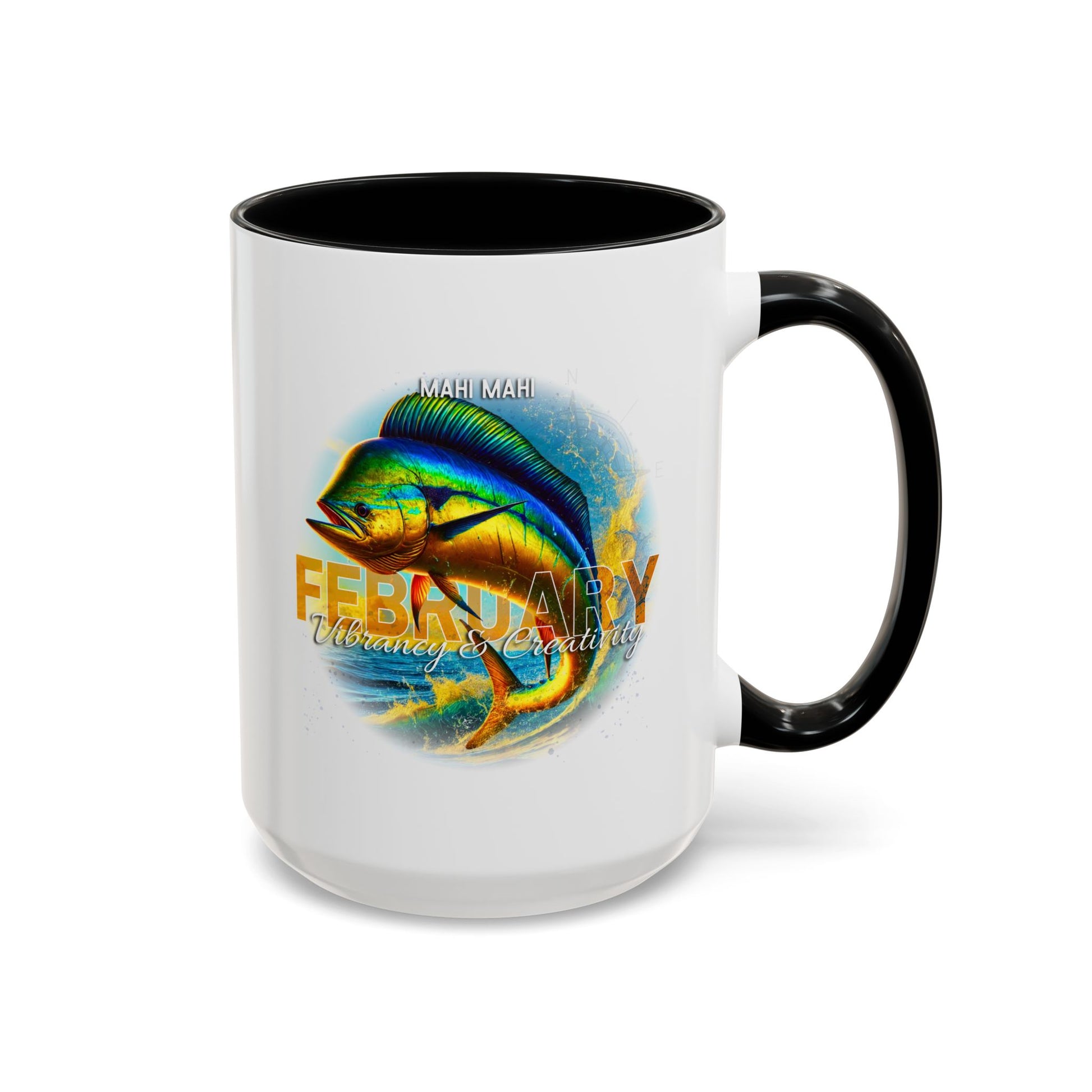February birth month coffee mug with colorful mahi mahi fish design with black handle