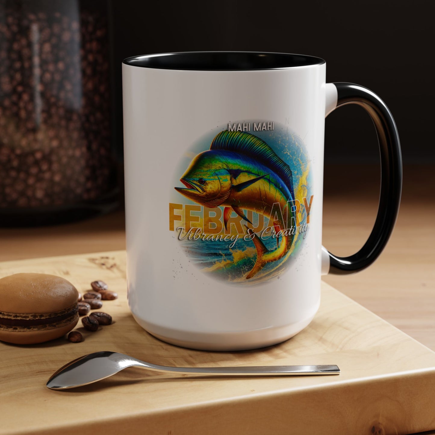 February birth month coffee mug with colorful mahi mahi fish design and black handle