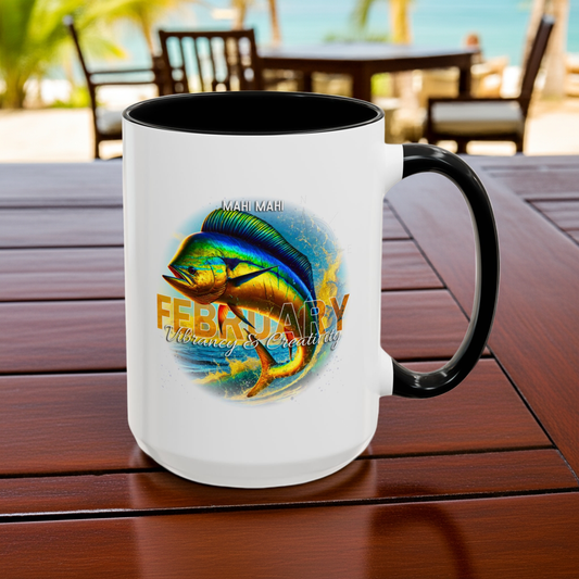 Birth month coffee mug for February with colorful fish design and black handle