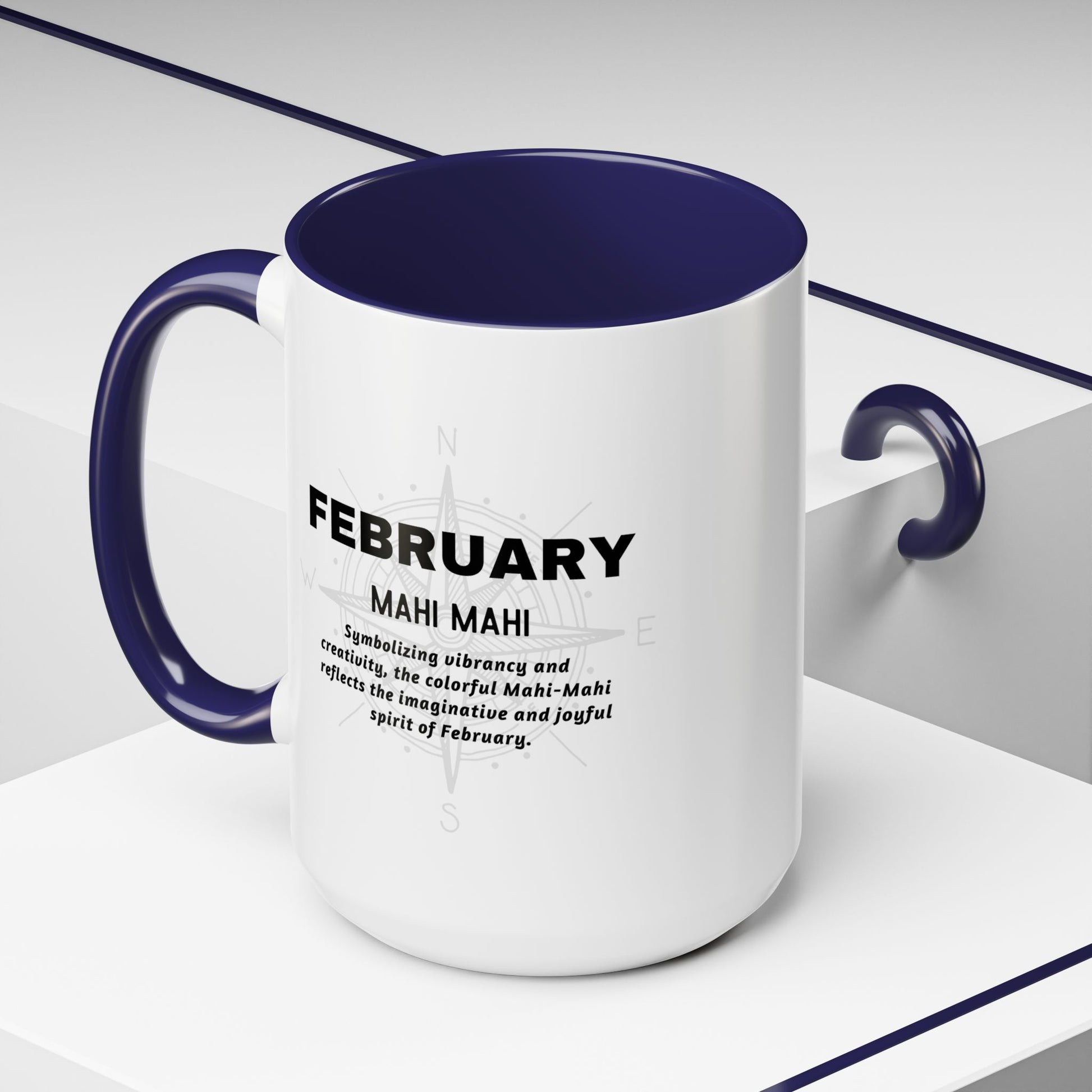 Birth month coffee mug for February with navy handle and inspirational text design