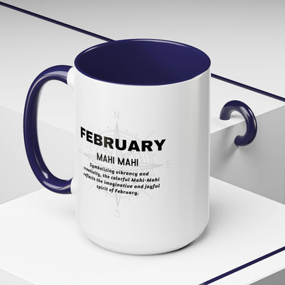 Birth month coffee mug for February with navy handle and inspirational text design