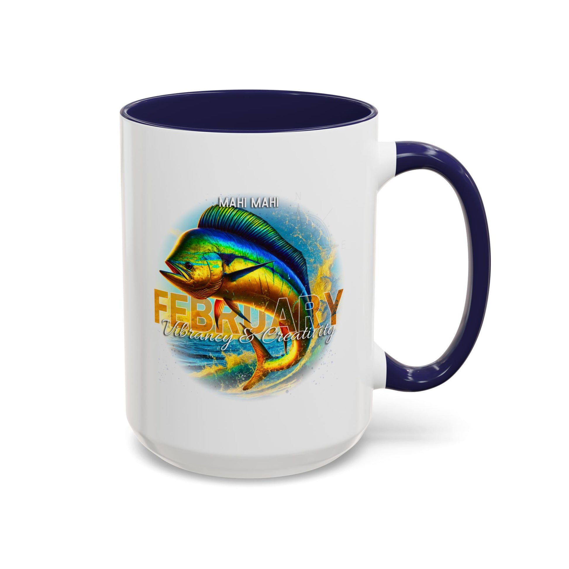February birth month coffee mug with colorful mahi mahi fish design and navy handle