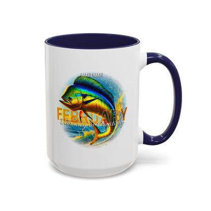 February birth month coffee mug with colorful mahi mahi fish design and navy handle