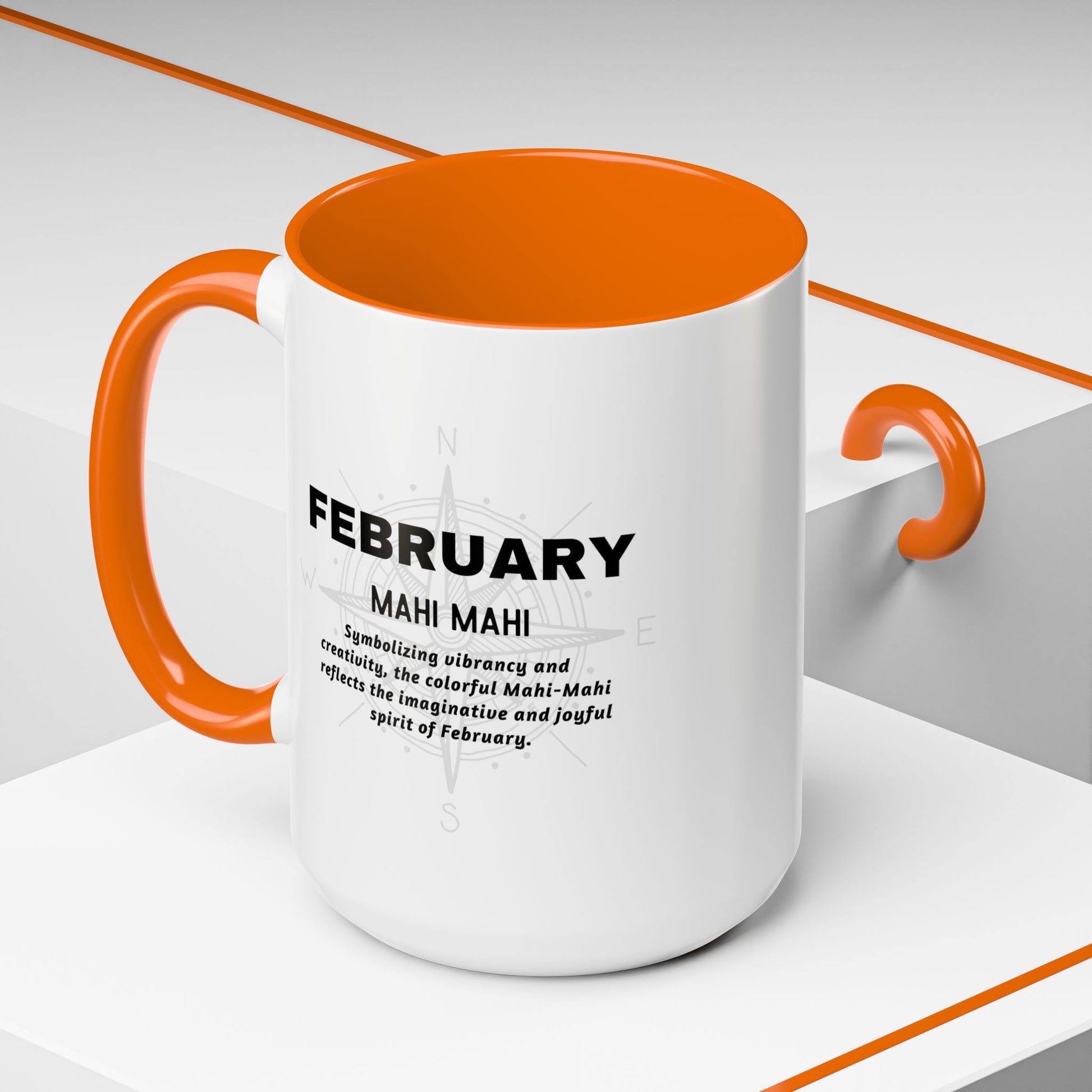 February birth month coffee mug with orange handle and interior, featuring Mahi Mahi design