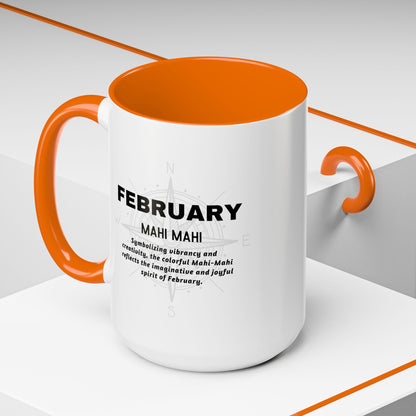 February birth month coffee mug with orange handle and interior, featuring Mahi Mahi design