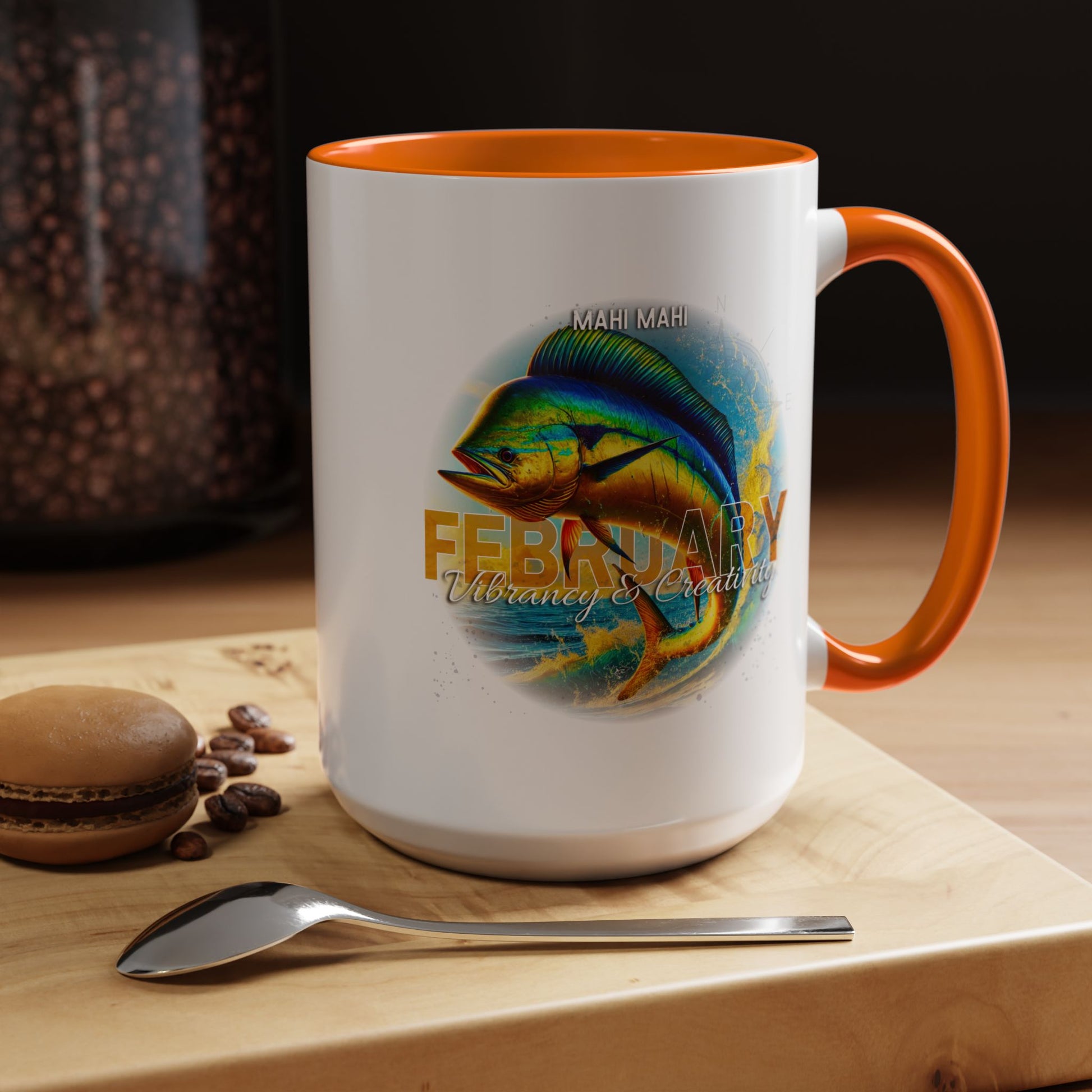 February birth month coffee mug with colorful mahi mahi fish design and orange handle