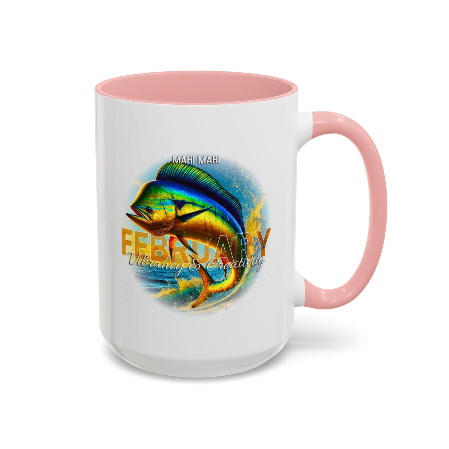 February birth month coffee mug with colorful mahi mahi fish and pink handle