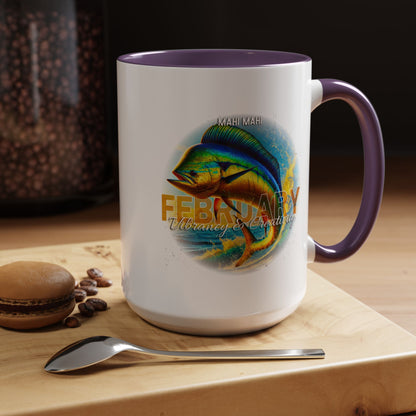 February birth month coffee mug with colorful mahi mahi fish design and purple handle
