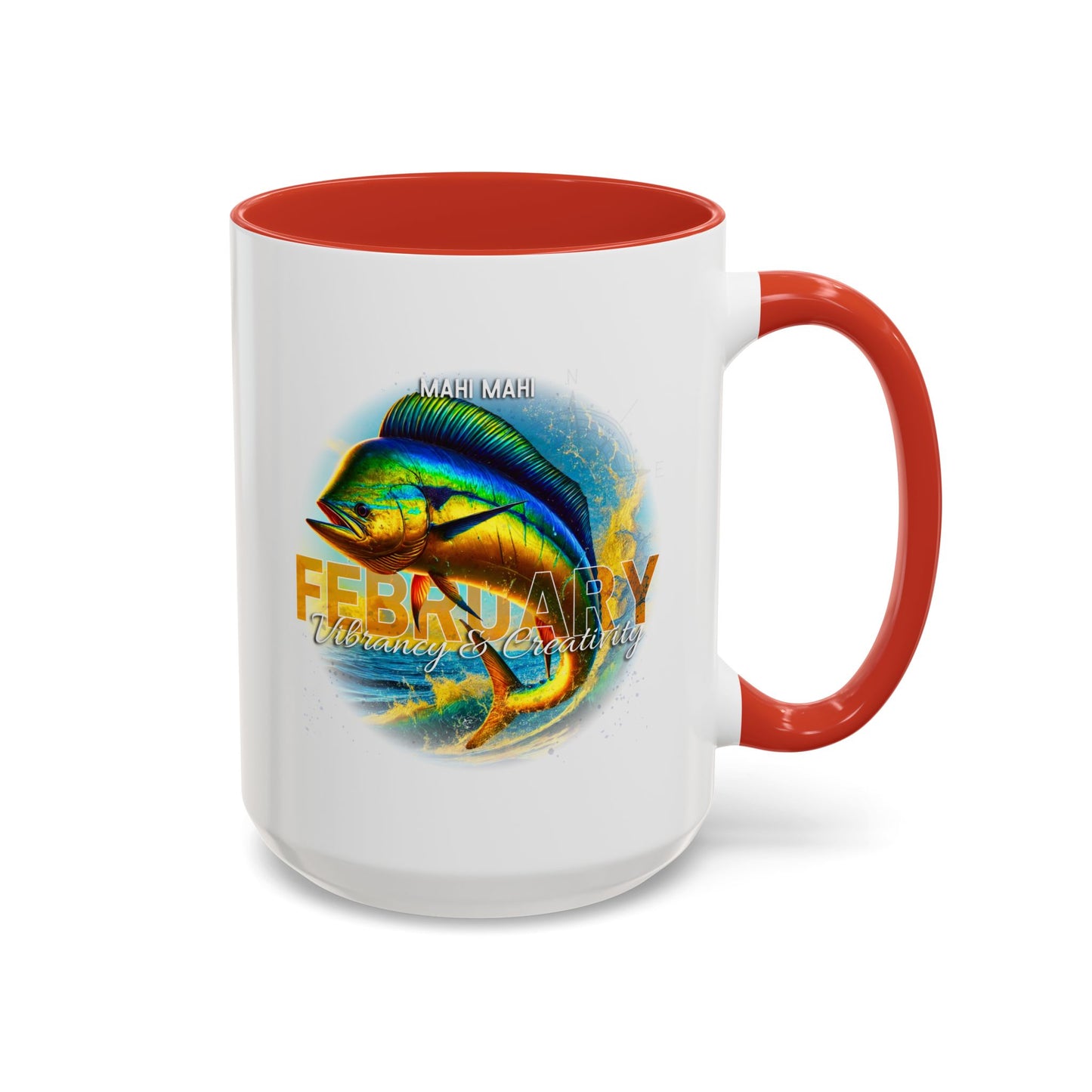 Birth month coffee mug featuring February design with colorful mahi mahi fish and with red handle