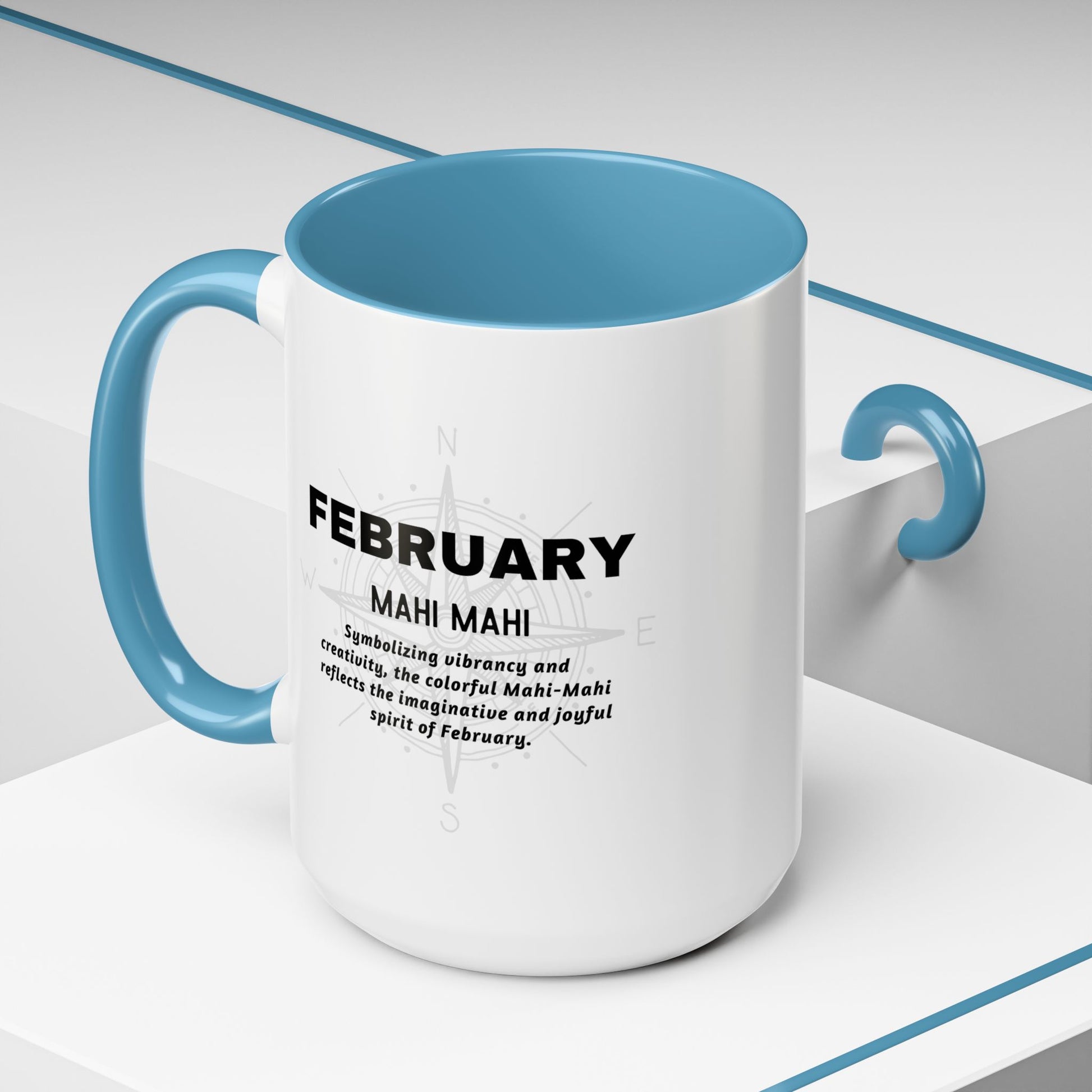 February birth month coffee mug with blue handle and inside featuring Mahi Mahi design
