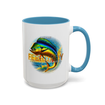 February birth month coffee mug with colorful mahi mahi fish design and blue handle