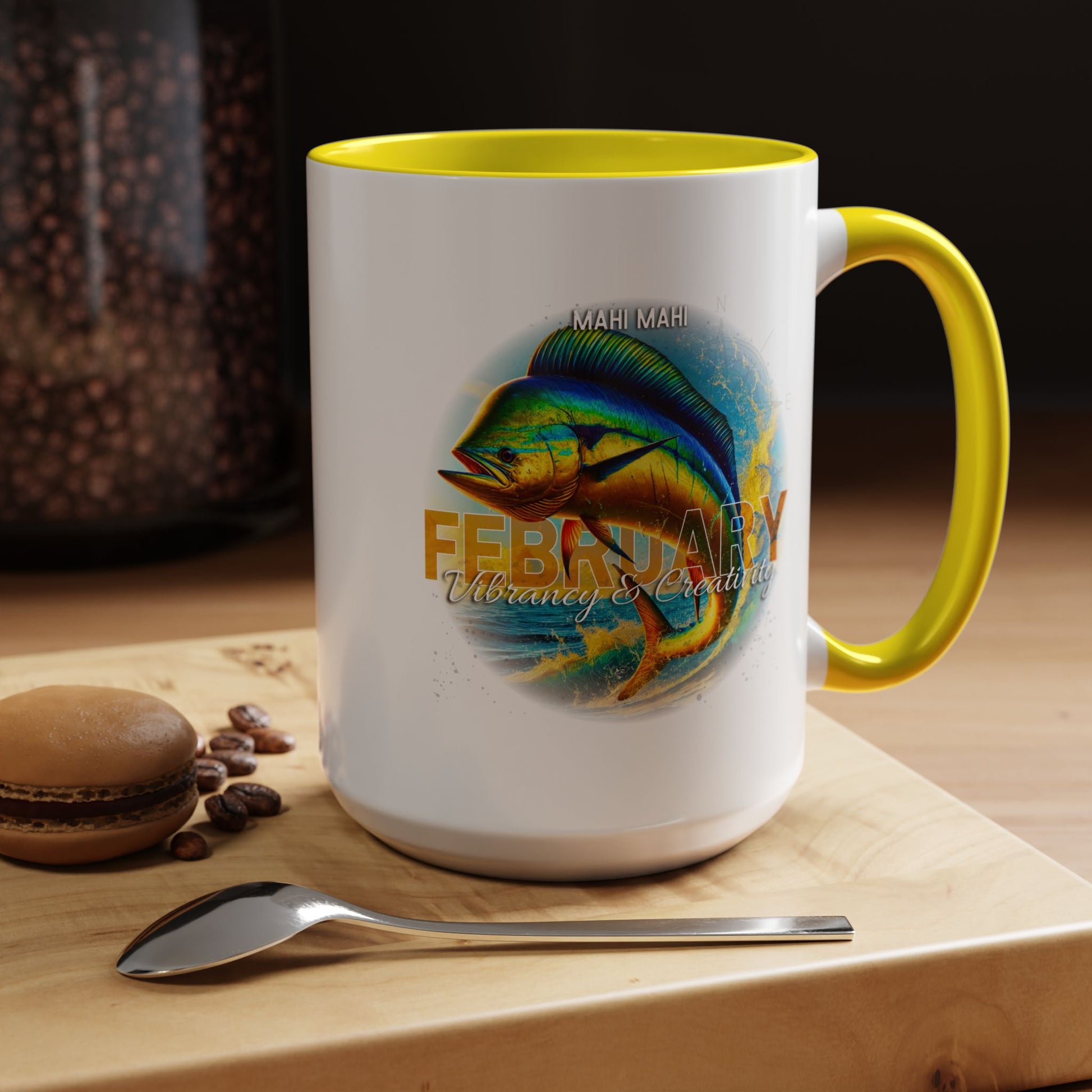 Birth month coffee mug for February featuring colorful mahi mahi fish design with yellow handle and interior
