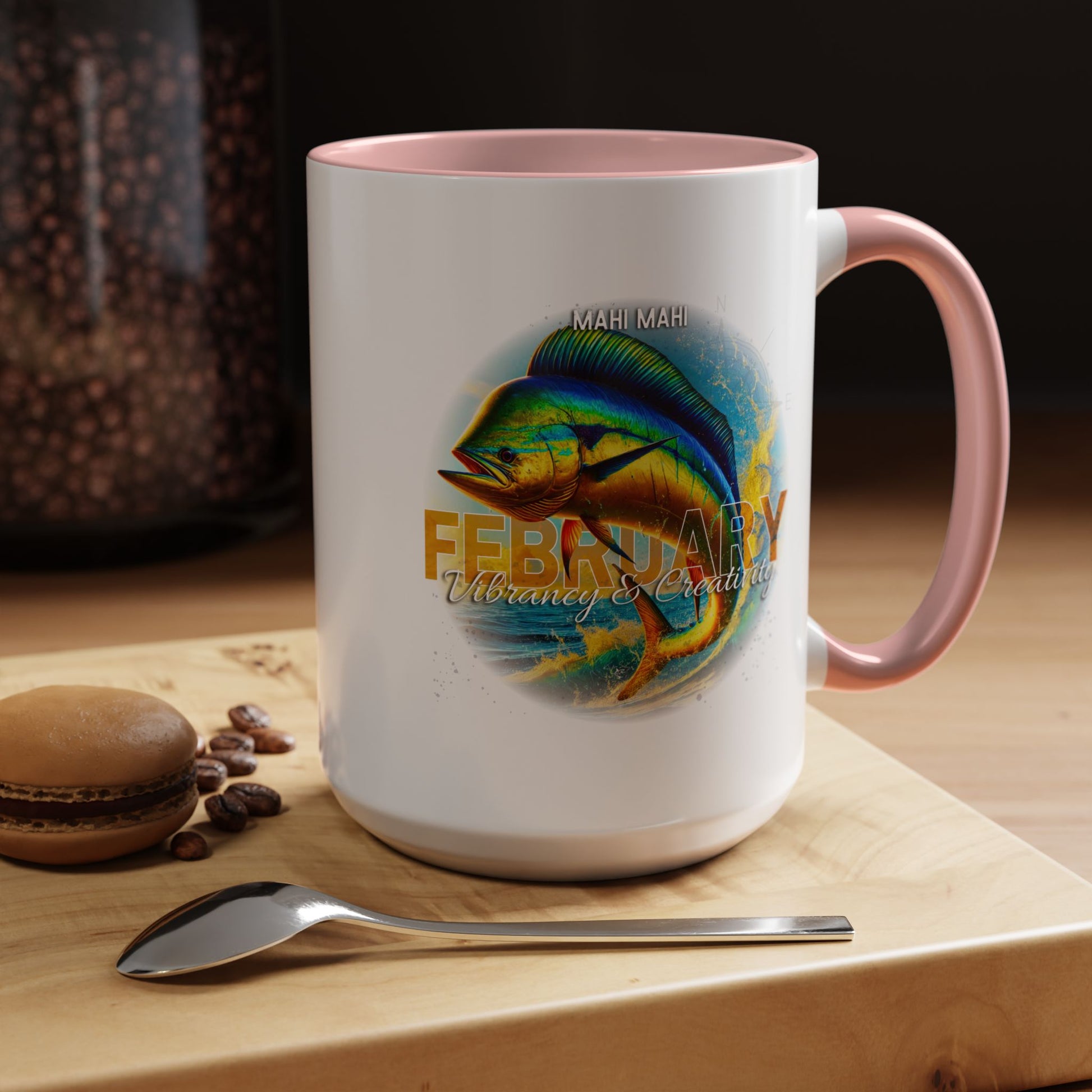 February birth month coffee mug with colorful mahi mahi fish design and pink handle 