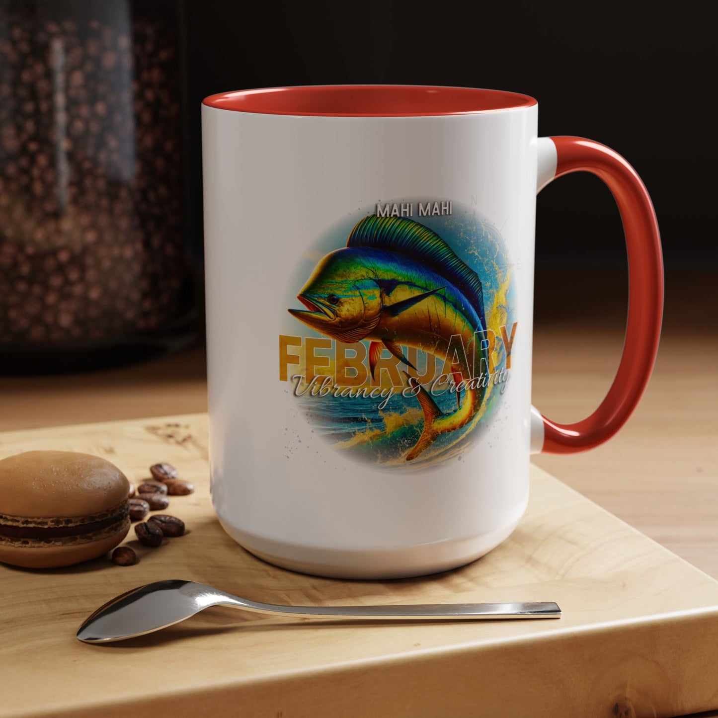Birth month coffee mug featuring February design with colorful mahi mahi fish and red handle
