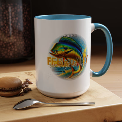 February birth month coffee mug with colorful fish design and blue handle 