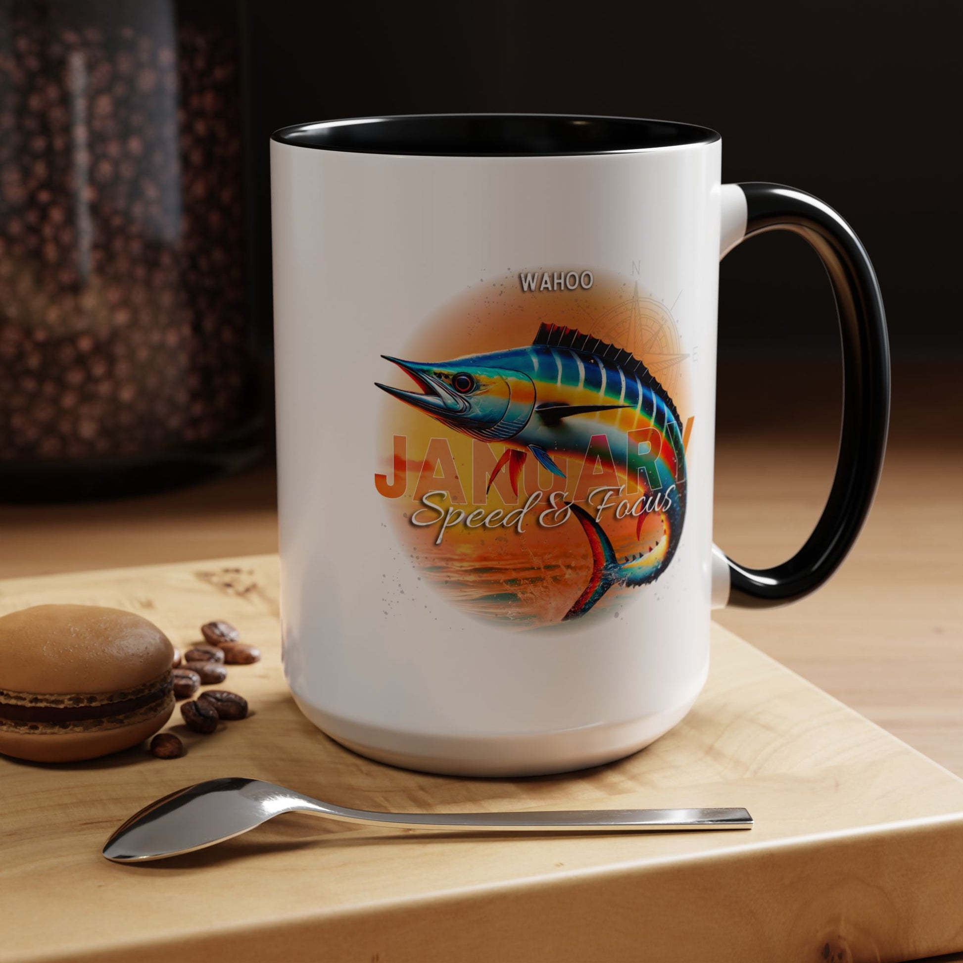 White mug with black handle featuring colorful wahoo fish design and text on a birth month coffee mug