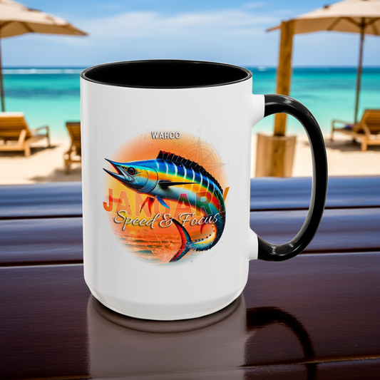 White mug with black handle featuring January birth month coffee mug design with wahoo fish graphic