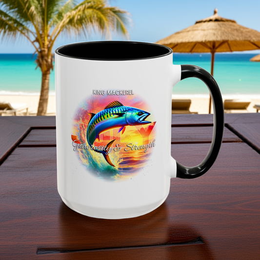 Birth month coffee mug featuring King Mackerel fish design with black handle and rim