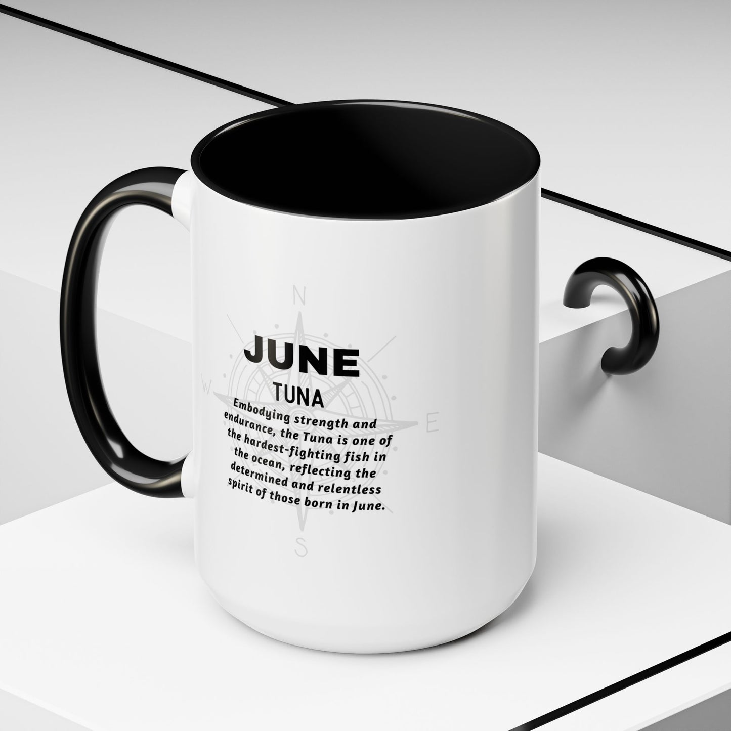 June birth month coffee mug with black handle and inspirational tuna fish design