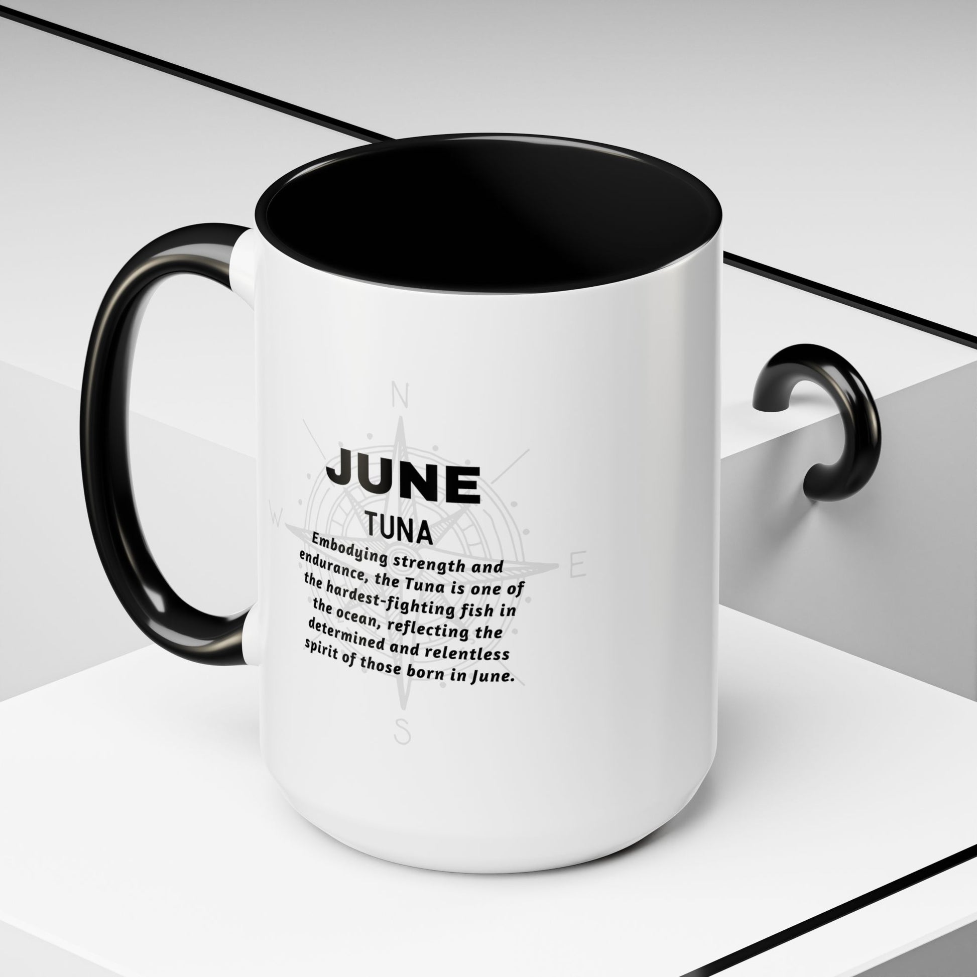 June birth month coffee mug with black handle and inspirational tuna fish design