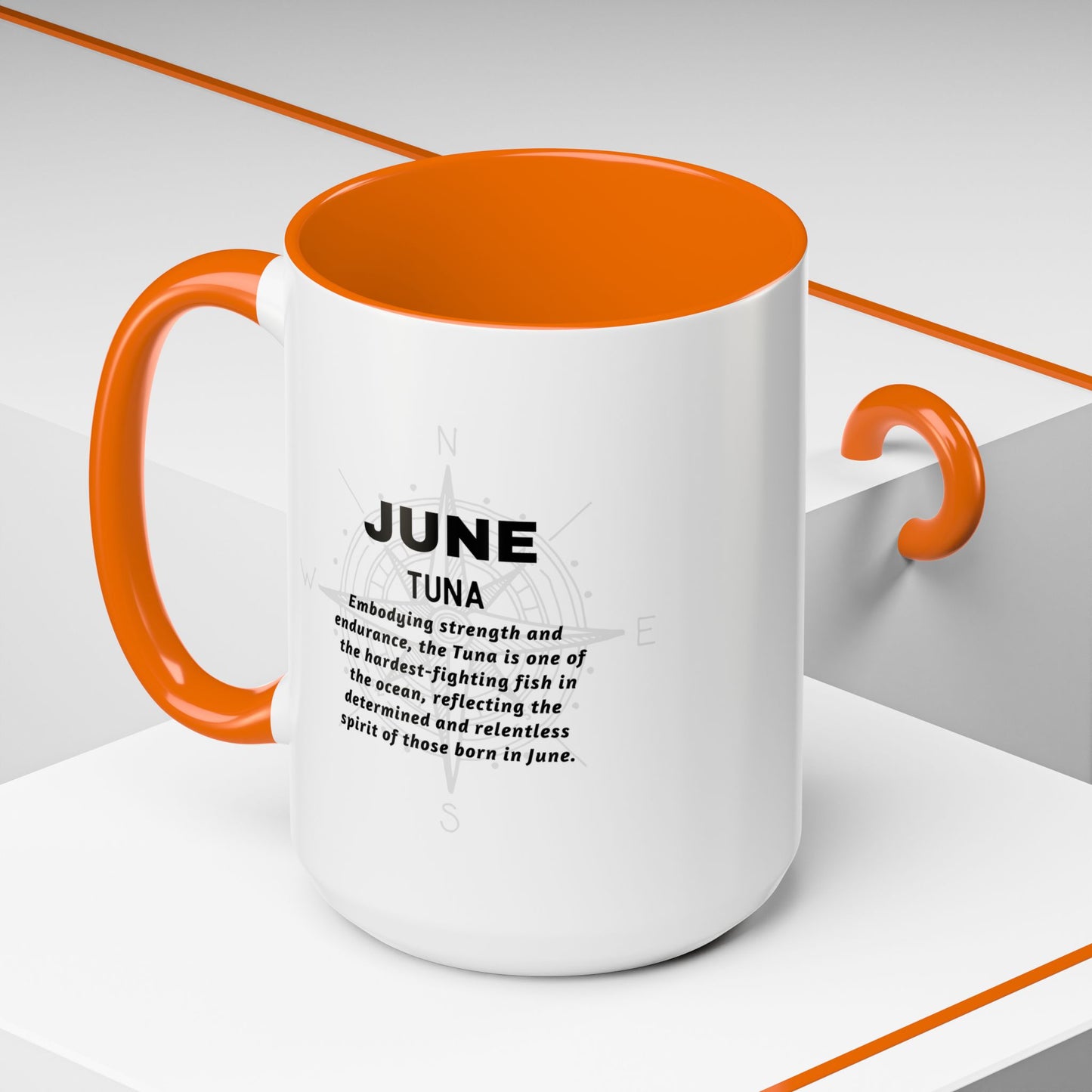 June birth month coffee mug with orange handle and inside featuring Tuna design