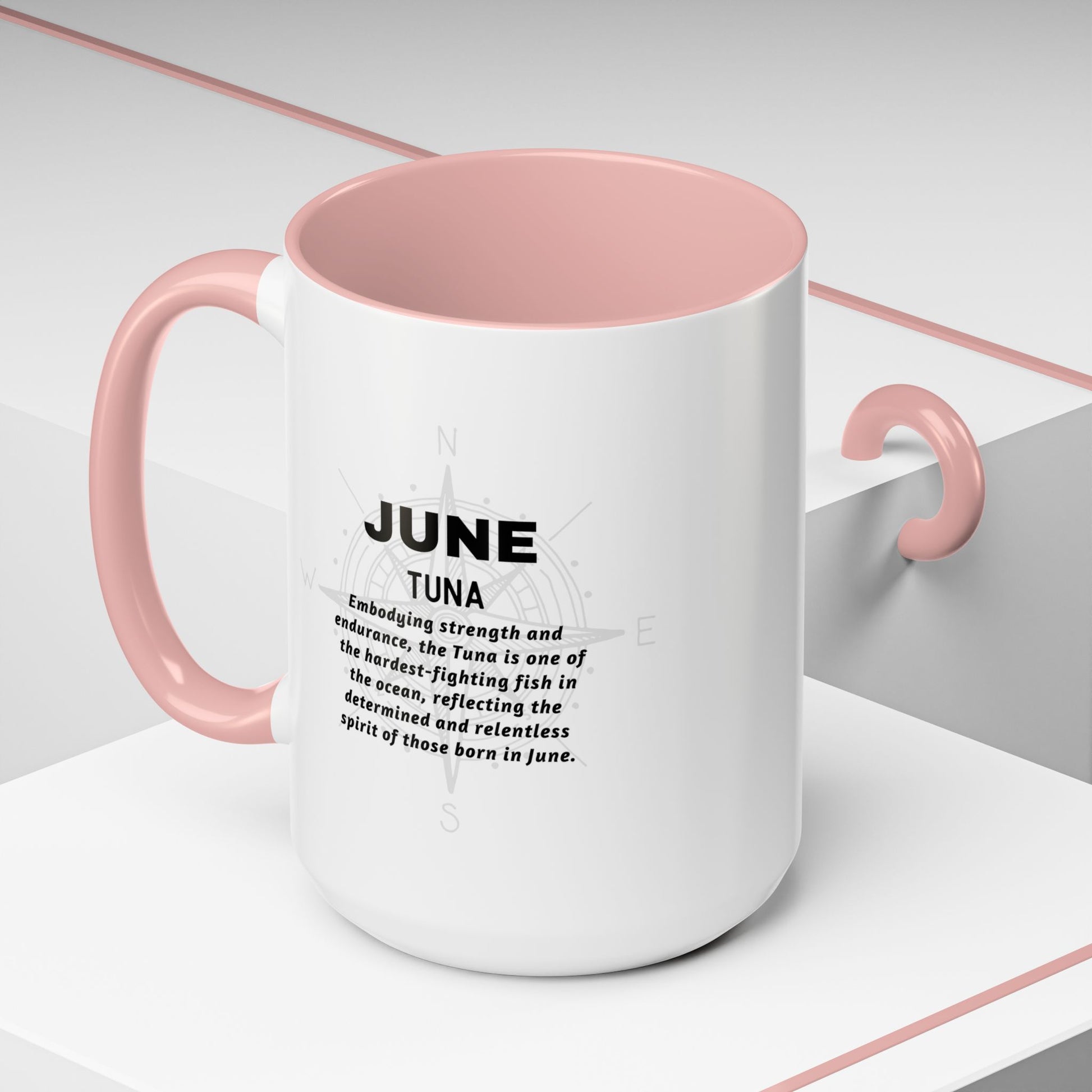 June birth month coffee mug with pink handle and interior featuring Tuna description and inspirational text