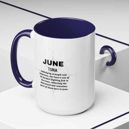 June birth month coffee mug with tuna design and navy blue handle and interior