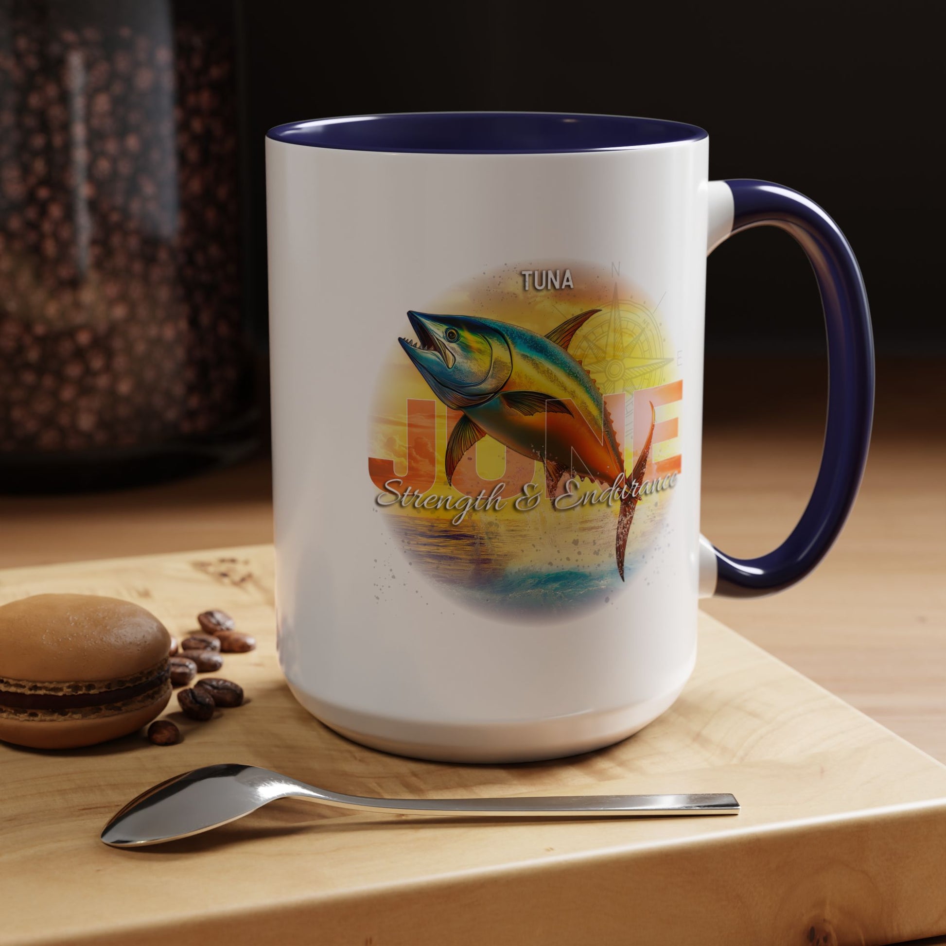 Birth month coffee mug with tuna fish design featuring strength and endurance theme