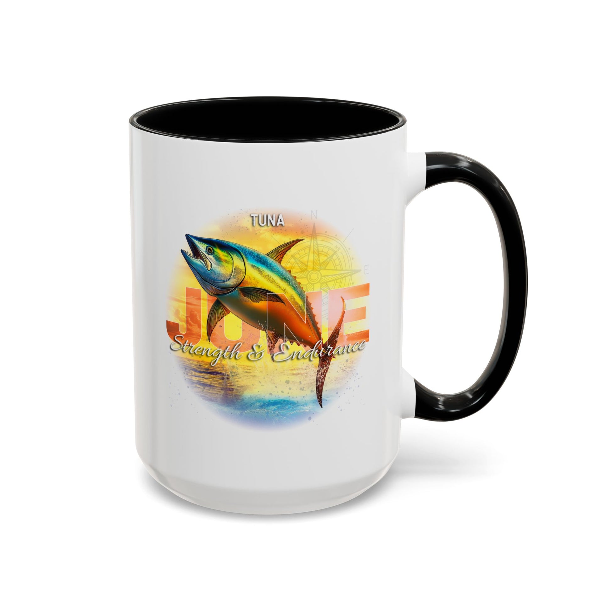 Birth month coffee mug with vibrant tuna fish design and strength and endurance text