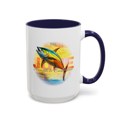 Birth month coffee mug featuring June Tuna design with strength and endurance theme