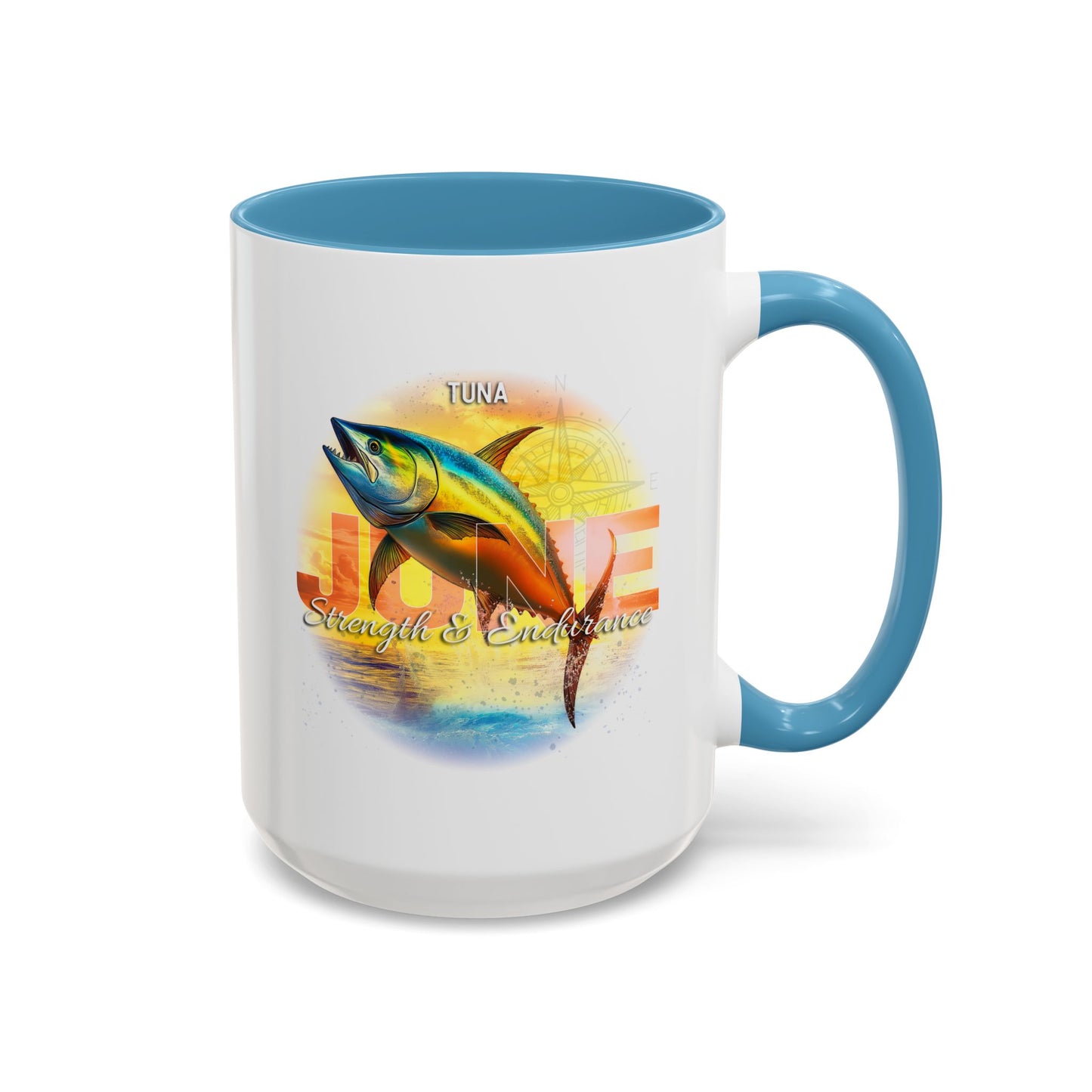 Birth month coffee mug with blue handle and tuna fish June design for strength and endurance