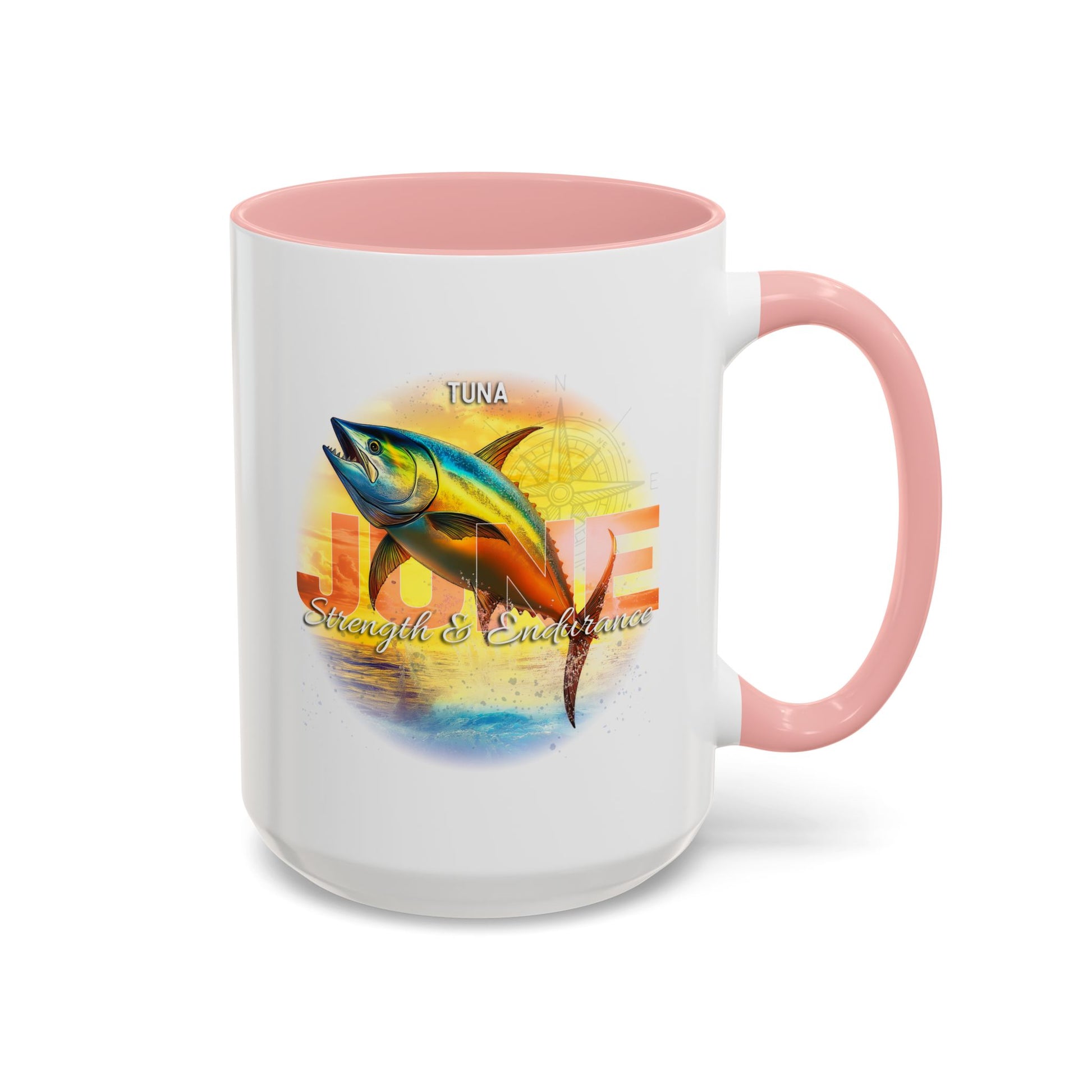 Birth month coffee mug with colorful tuna fish design and pink handle and interior