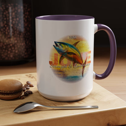 Birth month coffee mug with tuna fish design and purple handle on wooden table