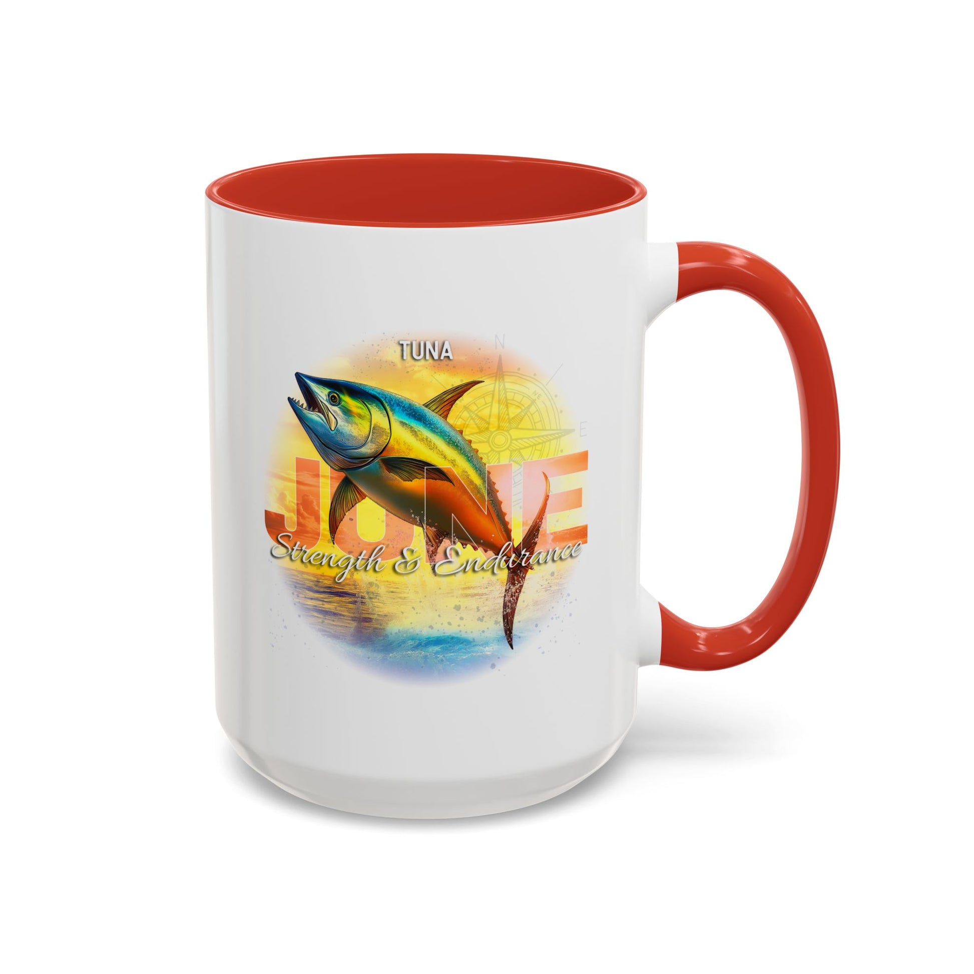 Birth month coffee mug with tuna fish design and June text in red and white