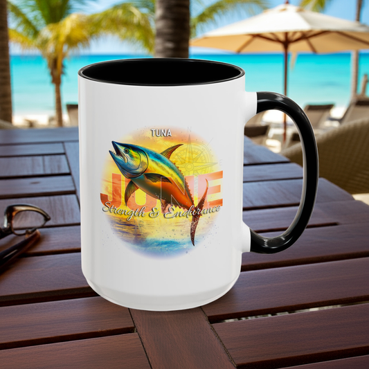 Birth month coffee mug featuring a colorful tuna design with strength and endurance theme