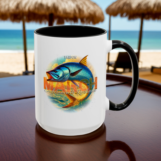 Birth month coffee mug featuring colorful March tarpon fish design with endurance and resilience text