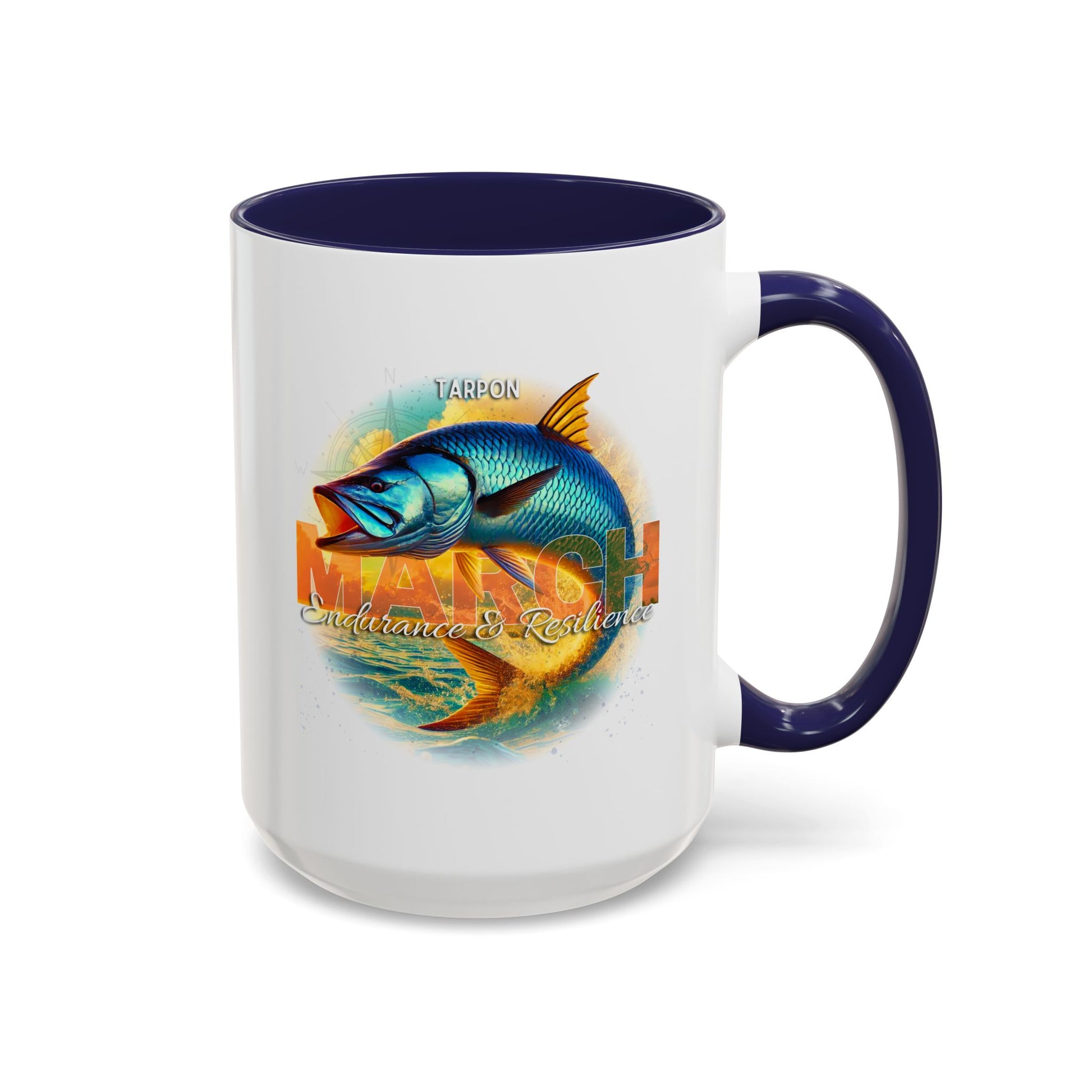 Birth month coffee mug for March with colorful fish design and endurance resilience text