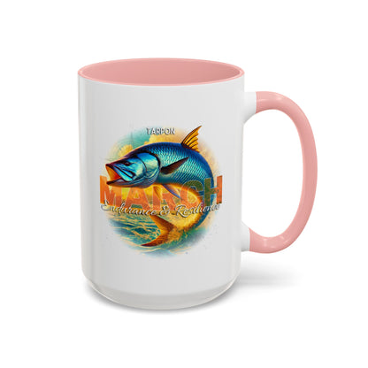 Birth month coffee mug for March with colorful tarpon fish and pink handle
